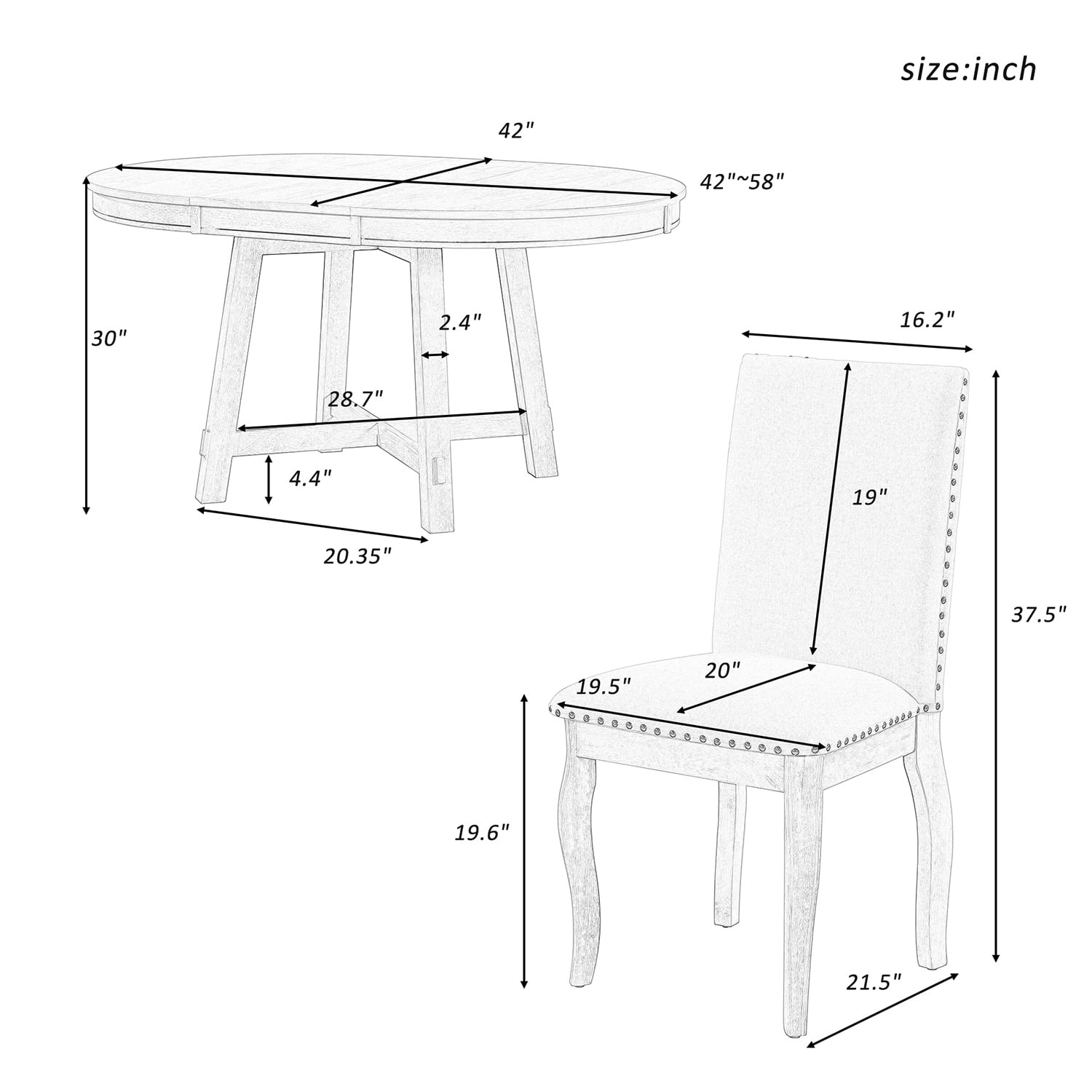 Harper & Bright Designs Round Extendable Dining Table Set for 4, 5 Piece Farmhouse Wood Dining Table Set with 4 Upholstered Dining Chairs, Natural Wood Wash