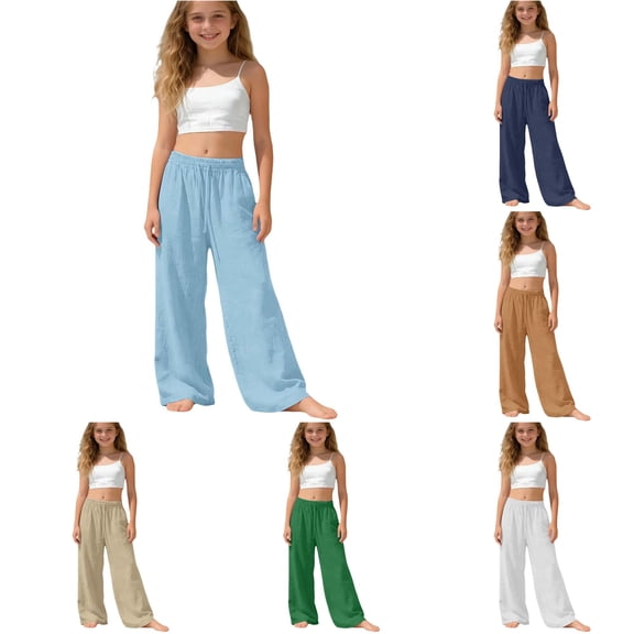 Weebloom Wide Leg Pants For Girls Uniform Dress Pants Cotton Linen Stylish Casual Soft Elastic Waist Trousers Beach Pants With Pockets Light Blue 12-13 Years