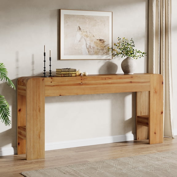 63" Solid Wood Console Table, Farmhouse Sofa Table Behind Couch with Curved Design, Narrow Entryway Table for Living Room, Hallway, Foyer, Natural Wood