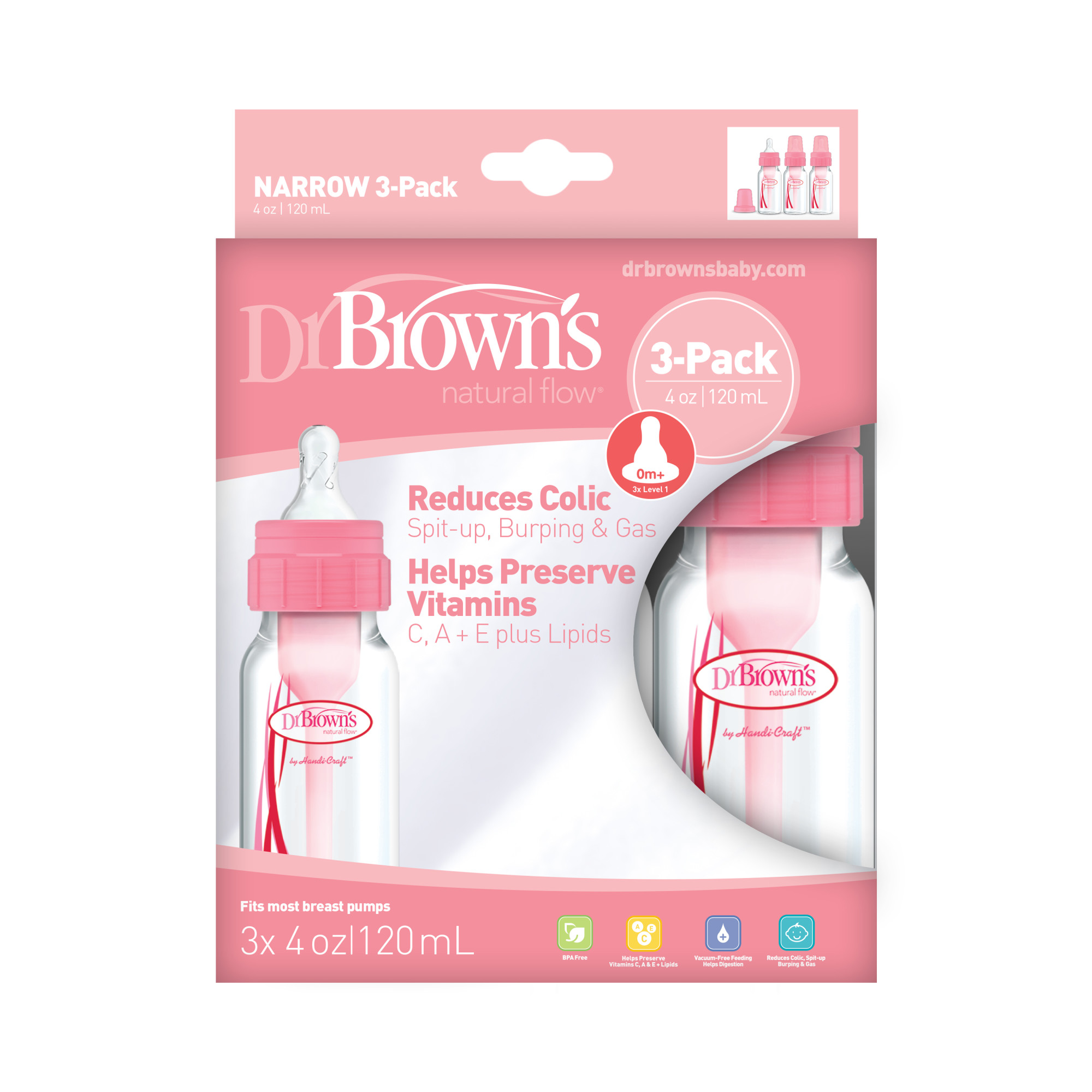 Dr. Brown's Natural Flow Anti-Colic Baby Bottles -Pink - 4oz - 3-Pack - image 3 of 4