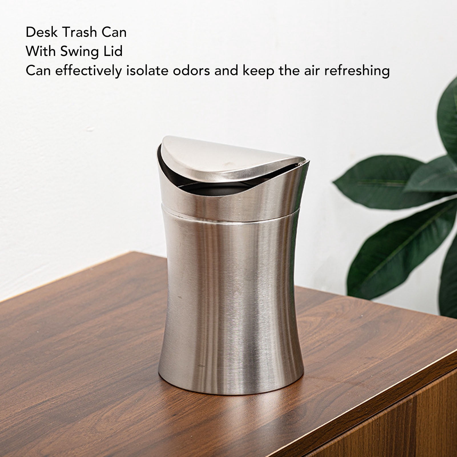 BIMZUC Stainless Steel Desk Trash Can with Swing Lid, 1.2 Gallon Small Wastebasket for Office, Bathroom, and Kitchen Countertop, Brushed Nickel