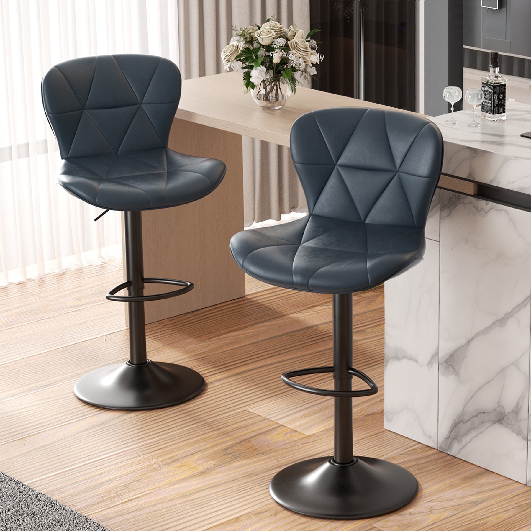 Hawsaiy Modern Bar Stools Set of 1, Adjustable Faux Leather Upholstered Swivel Bar Stools, Counter Height Bar Chairs with Back for Kitchen Island, Dark Blue