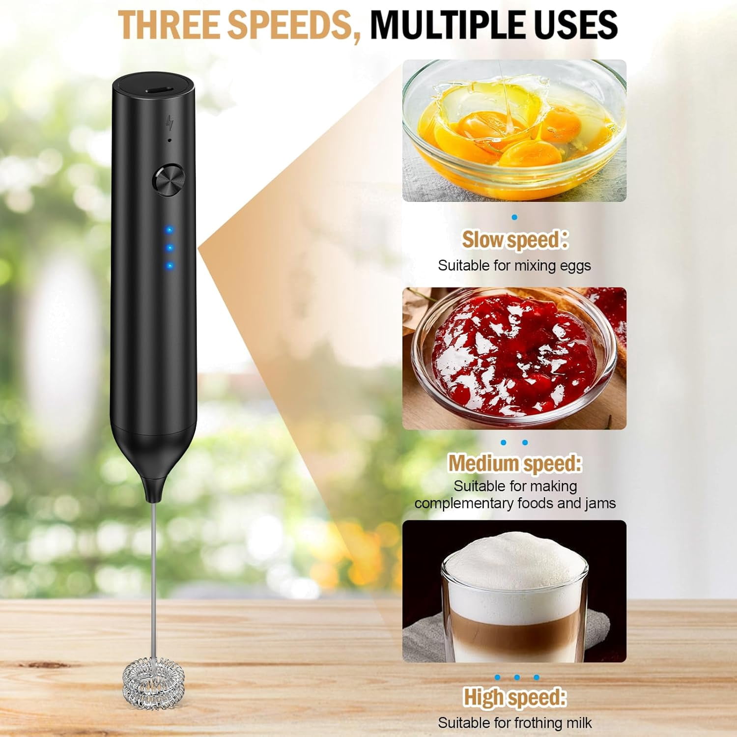 Rechargeable Milk Frother Handheld, Electric Whisk with 3 Speeds, Hand Drink Mixer with 2 Heads, Portable Coffee Frother Wand Handheld for Coffee, Lattes, Cappuccino, Eggs (Black)