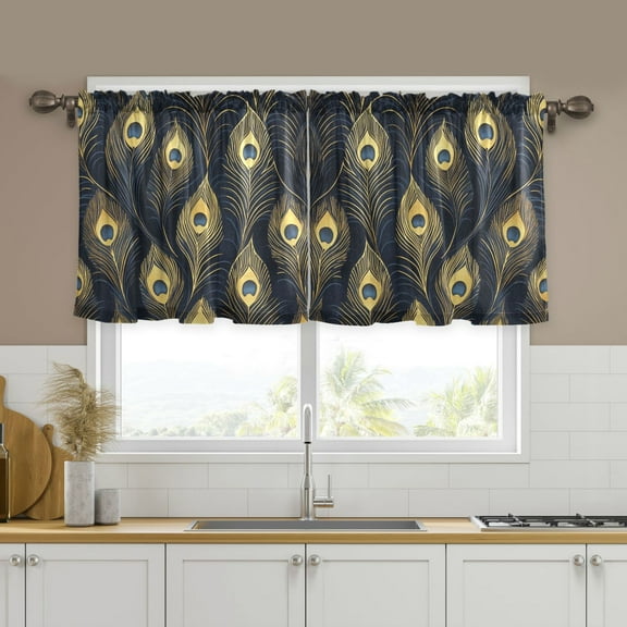 Yayeee Kitchen Curtains Tier Set of 2 Light Filtering 57"x24" Over Sink Window Panels, Peacock Feathers Pattern