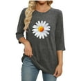 thumbnail image 5 of 3/4 Sleeve Ribbed Knit Tops for Women Daisy Printed Loose Crew Neck Tee Shirts Dressy Casual Pullover Going Out Graphic Blouse, 5 of 6
