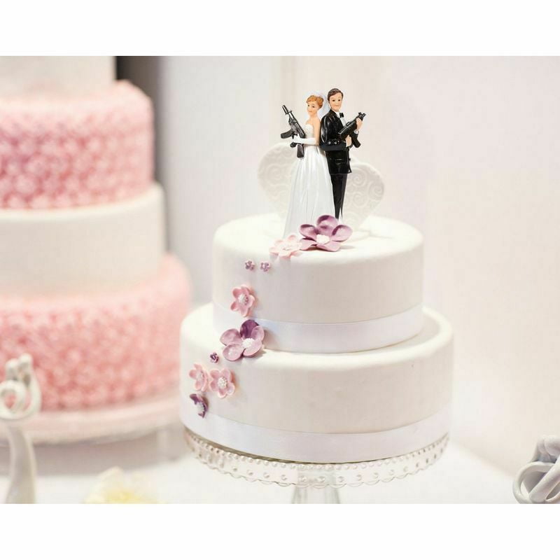 Bride Groom Holding Rifles Funny Figures Wedding Cake Topper 3 x 6 x 3" 
