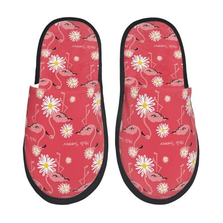 Balery Hello Summer Flamingo Slient Indoor Furry Fleece Comfort House Shoes Soft Non-Slip Home Shoes Cotton slippers House Slippers-- Large