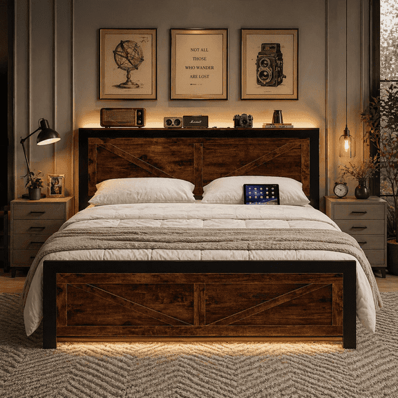 Queen Platform Bed Frame with LED Lights & USB Charging Station, Farmhouse Barn Door Headboard, Heavy Duty Metal Support, Noise Free, No Box Spring Required, Brown