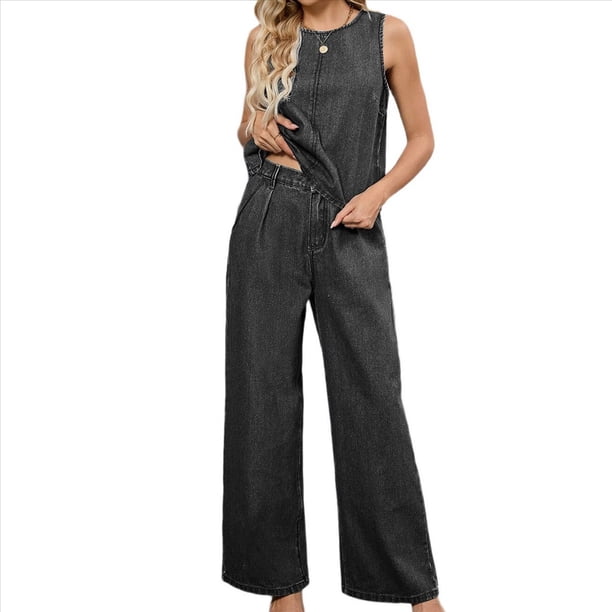 Trajes de Mezclilla de Dos Piezas para Mujer, Chaleco Sin Mangas, Pantalones Vaqueros de Pierna , Pantalones de Pierna , Ropa Traje Negro y Gris M