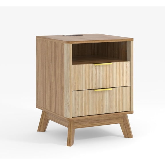 18" Fluted Nightstand with Charging Station, Curved Bedside Table with 2 Drawers and USB Ports, Modern Side Table for Bedroom, Walnut