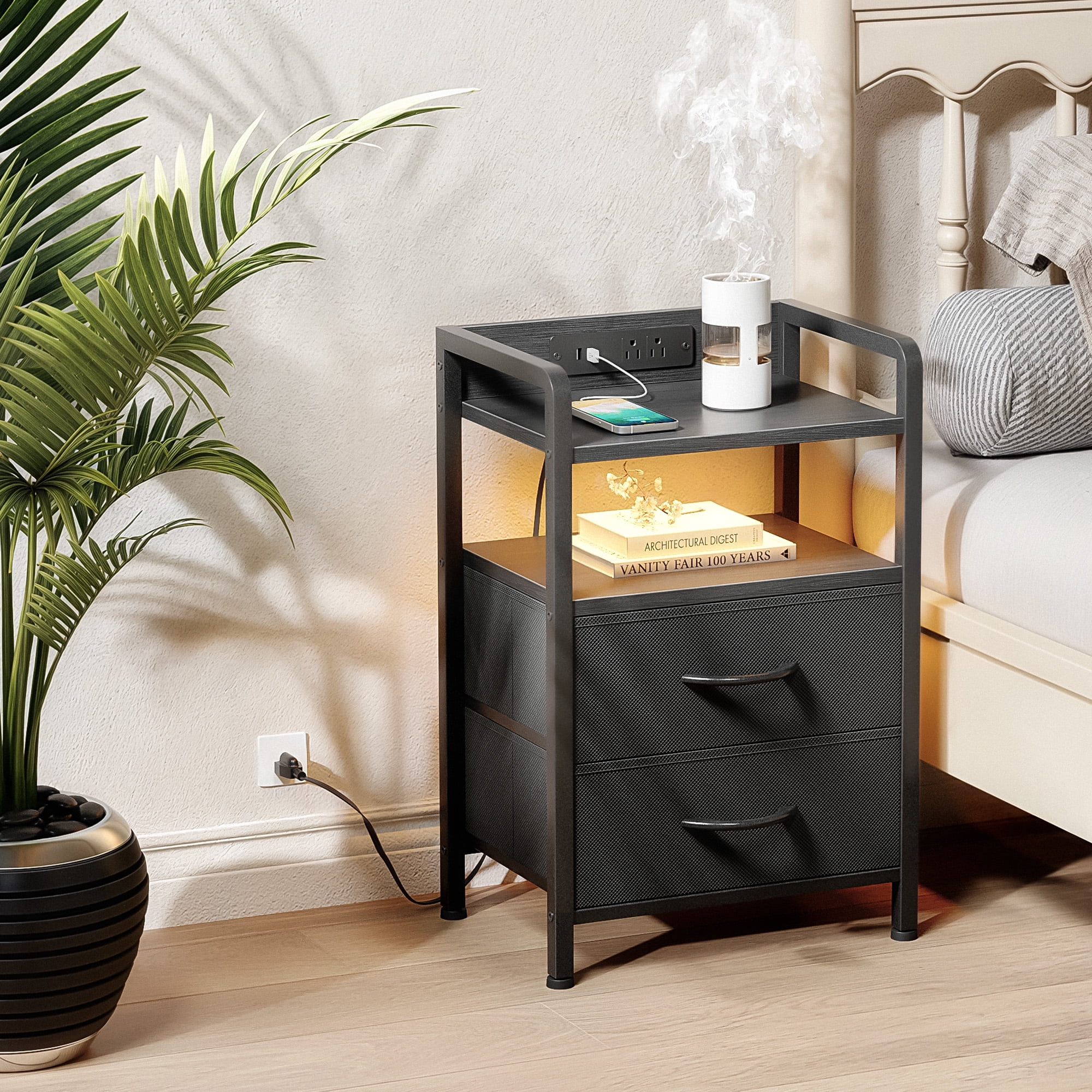 Bestco LED Nightstand End Table with Charging Station & 2 Drawers for Bedroom Black