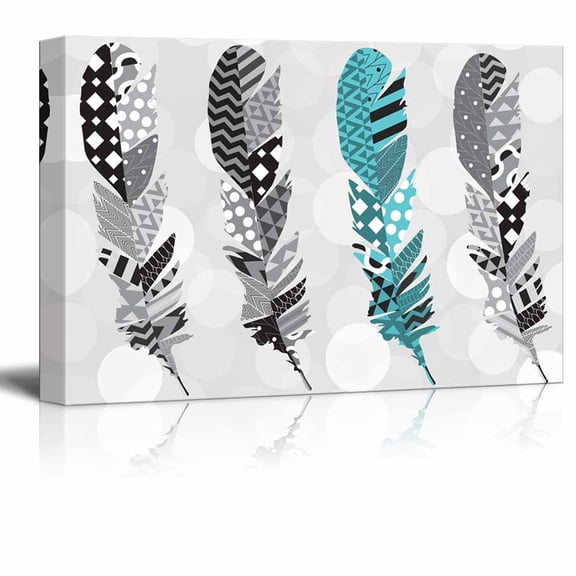 wall26 Teal zentangle feather with gray zentangle feathers on a silver colored bokeh background - Canvas Art Home Decor - 32x48 inches