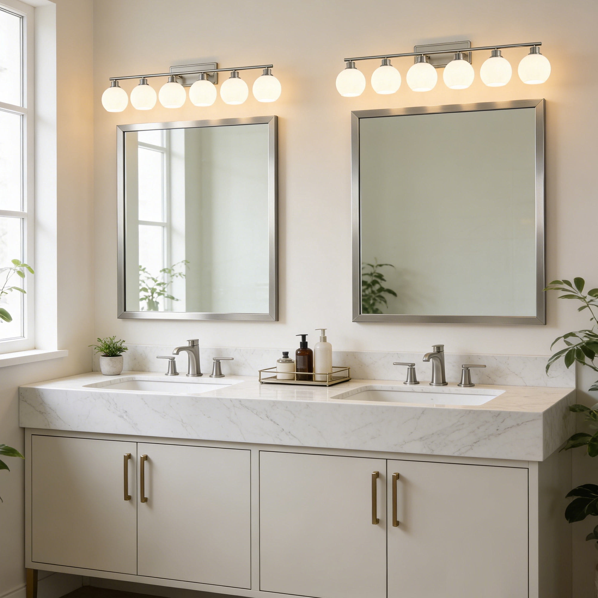 Deyidn 45.27" 6-Light Dimmable Bathroom Vanity Light - Nickel Finish with Milky White Glass Shades, Transitional Modern Design