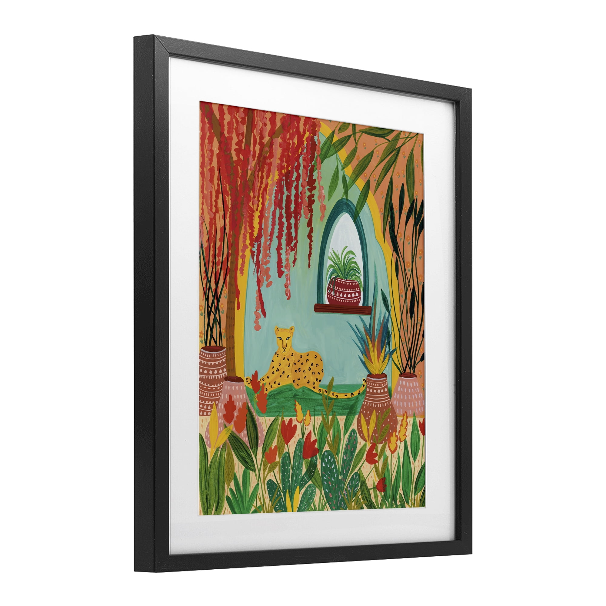 Lone Leopard Among Botanicals Black Framed Print Under Glass, design by Nabeela Rumi