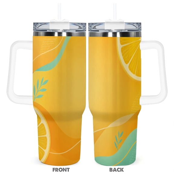 40oz Lemon Citrus Insulated Travel Tumbler with Handle and Straw Lid Yellow Summer Car Cup Gift for Women
