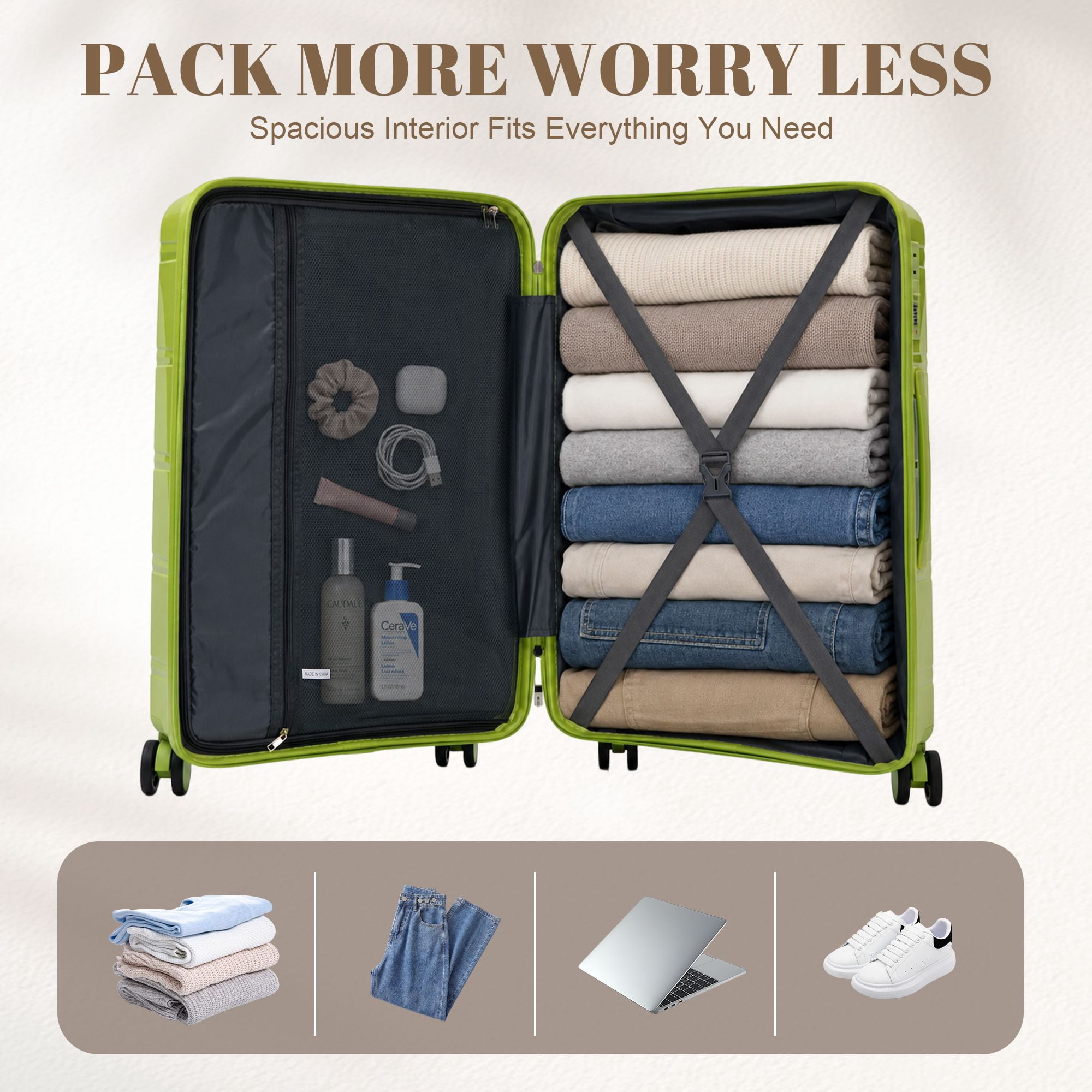 Alvantor 3 Piece Hardshell Luggage Set PP Hardside Suitcase with Iron Telescopic Handle Side Hook 20"24"28"(Green)