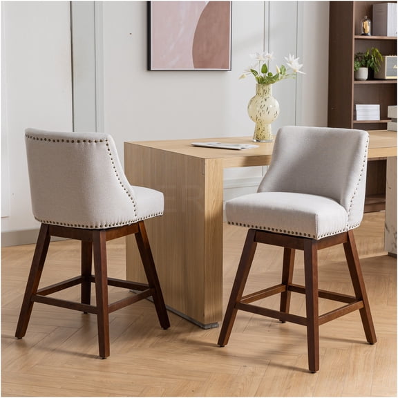 JERFIT 360 Swivel Bar Stools Set of 2, Upholstered Counter Height Barstools with Padded Seat and Curved Back, Beige Fabric and Wood Finish