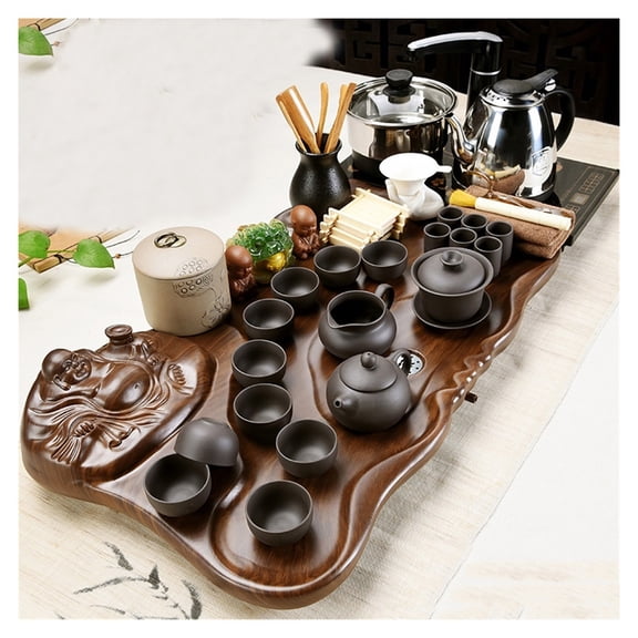 Ceramic Kung Fu Tea Cup Set With Wooden Tea Tray, Fully Automatic Water Heater, Full Set Of Small Tea Ceremony Tea Small Coffee Table Simple Tea Sets ,Chinese Gongfu Tea Service, Home And Office