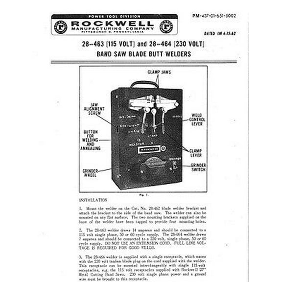 Delta Rockwell PM-437 28-463 and 28-464 Band Saw Blade Butt Welder Instructions REPRINT