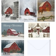 Bybiment 36 Pcs Winter Barn Christmas with Envelope Bulk Farmhouse Merry Christmas Greeting Card with Blessing Words Horse Barn Xmas for Holiday