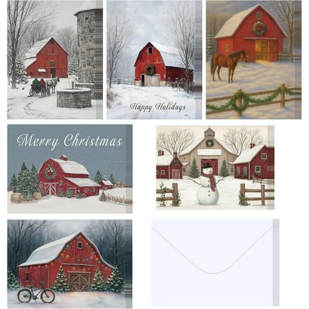 Bybiment 36 Pcs Winter Barn Christmas with Envelope Bulk Farmhouse Merry Christmas Greeting Card with Blessing Words Horse Barn Xmas for Holiday