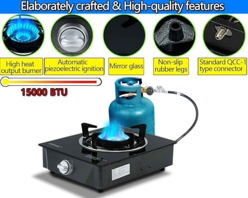 Propane Burner, Single Burner Propane Stove 15,000 BTU, Gas Stove Auto Ignition, Thickened High-temperature Glass, Easy to Clean, LPG for Outdoor Cooking, RV, Emergency$$Sport & Recreation Other