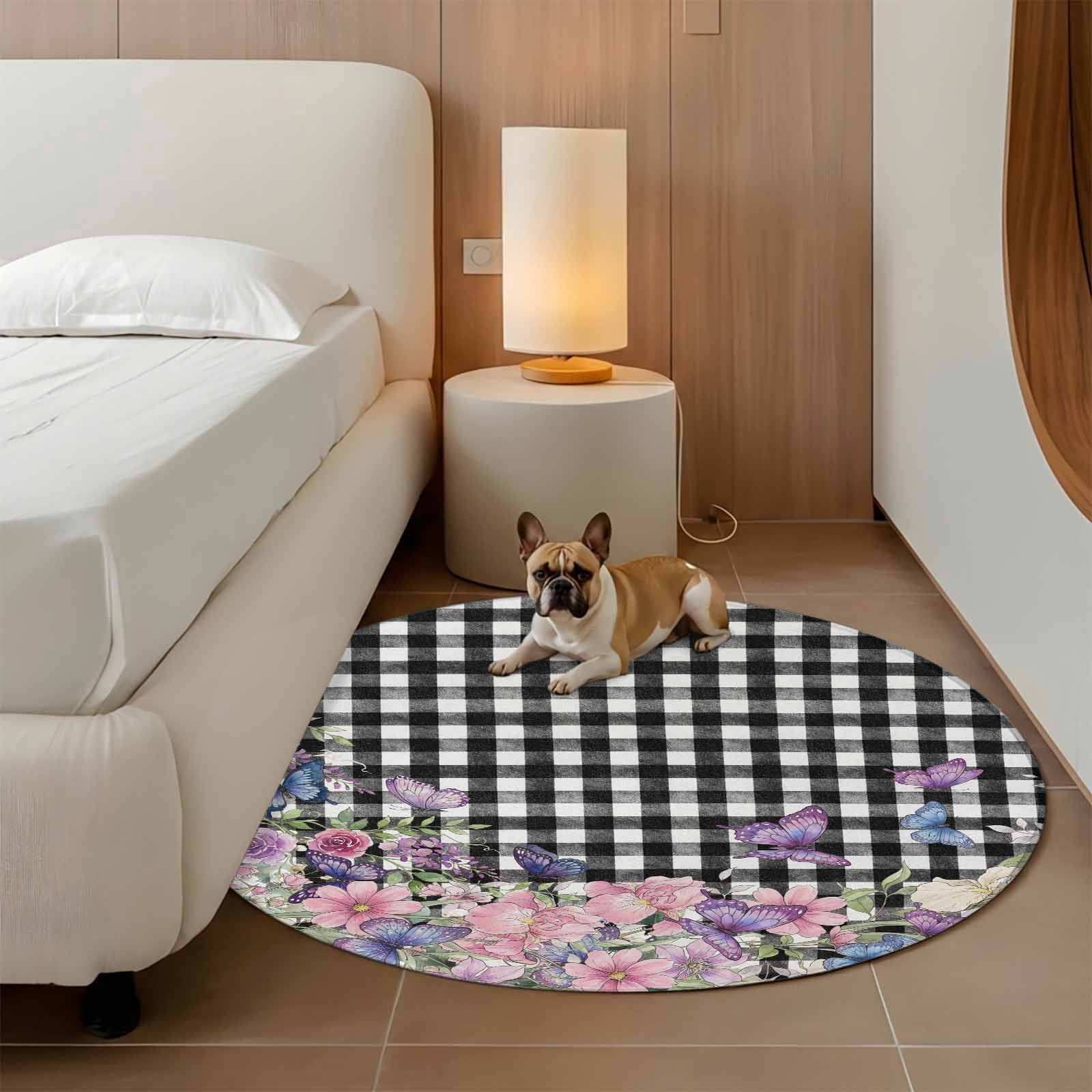 Spring Floral Round Area Rug 6Ft Washable Circle Rugs for Bathroom Office, Black White Checkered Farmhouse Butterfly Non-Slip Carpet Floor Mats Indoor Outdoor Carpet Runner Aesthetic Home Decor