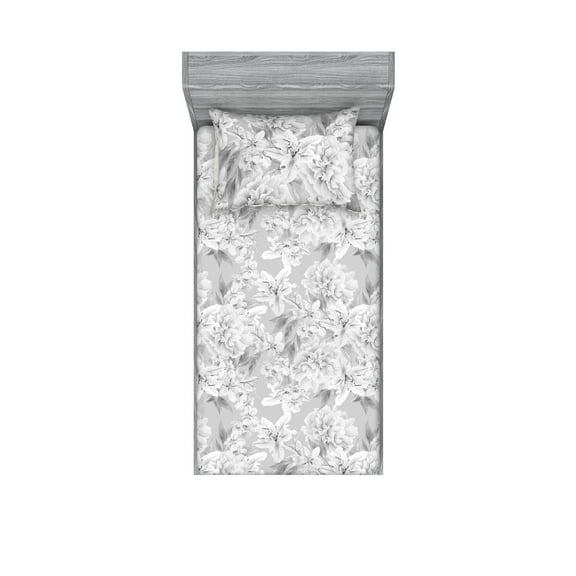 Floral Fitted Sheet & Pillow Sham Set, Neutral Design of Spring Inspired Garden Flowers Muted Tones Vintage Feels, Decorative Printed 2 Piece Bedding Decor, Twin, Pale Grey and White, by Ambesonne