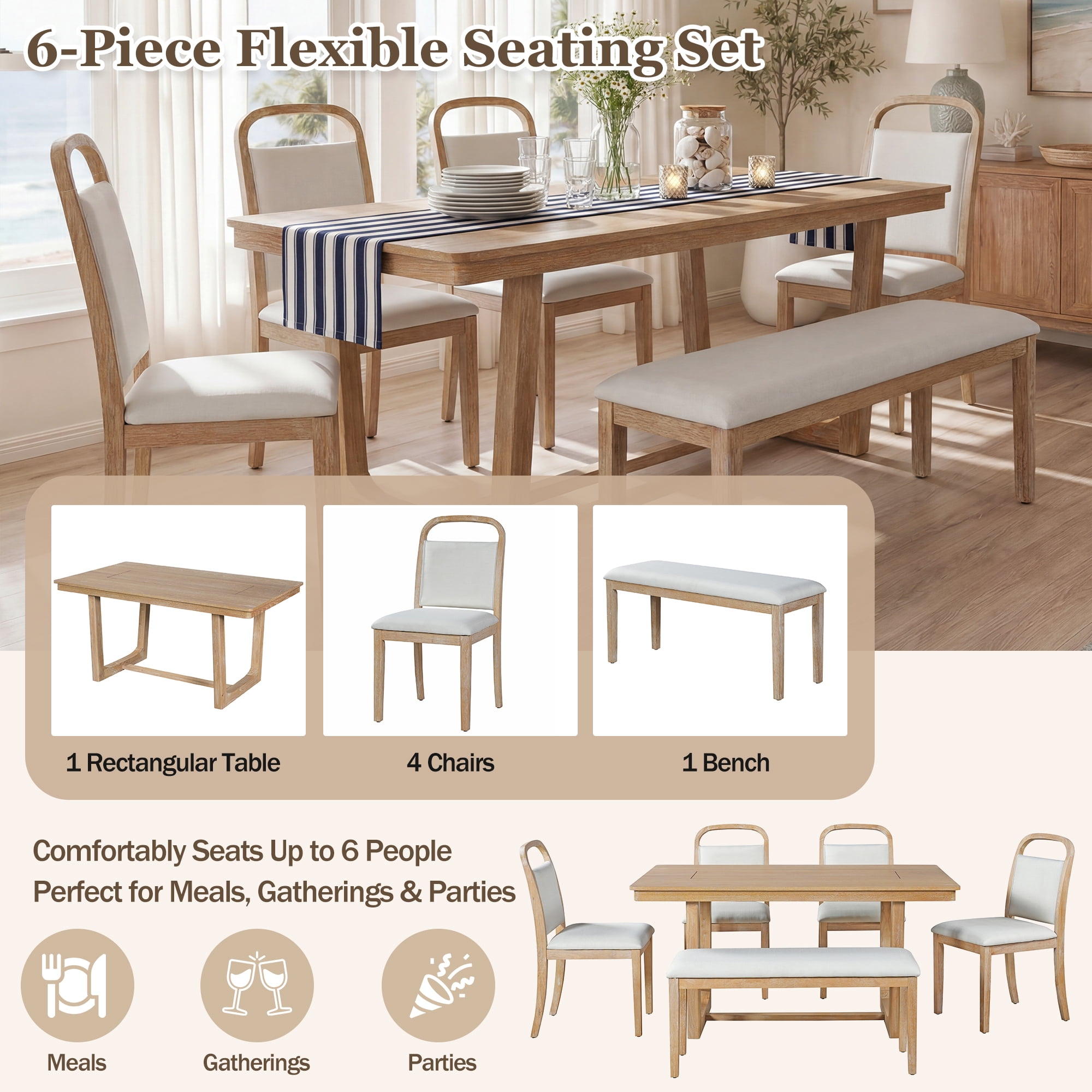 Euroco Farmhouse 6-Piece Dining Table Set for 6, Wood Rectangular Kitchen Table with 4 Upholstered Chairs & 1 Bench for Dining Room, Kitchen,Natural