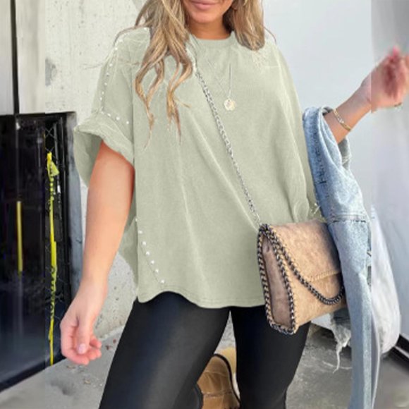 PInxai Oversized Tops for Women Cotton Linen Batwing Shorts Sleeve Crew Neck Studded Side Blouse Loose Shirts Tops Summer Fashion