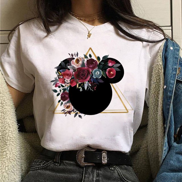 Gold Micky head women's casual top Mickey Mouse print women's fashion top Disney cartoon women's T-shirt Women's short sleeveXL Gao Jinjia LED