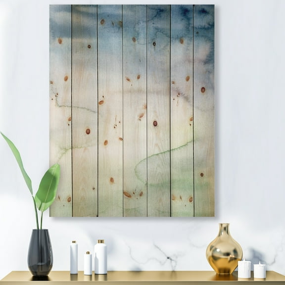 Designart 'Pastel Abstract With Green Dark Blue and White Spots' Modern Print on Natural Pine Wood