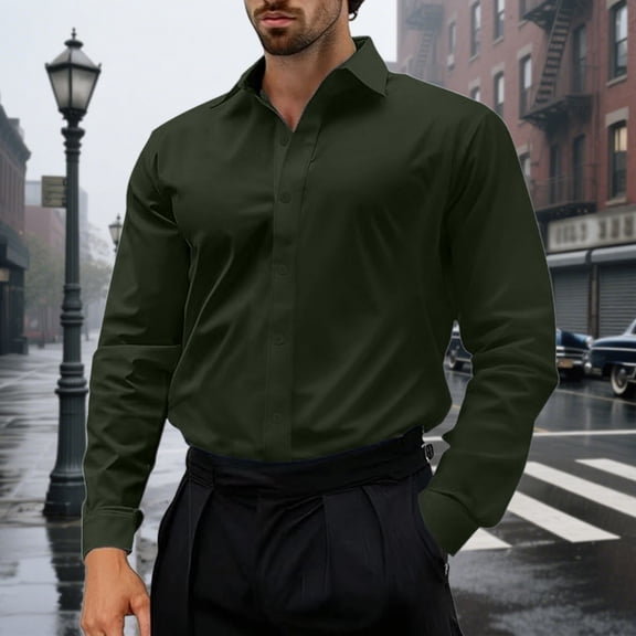 MAIHAN Men's Long Sleeve Button Up Shirts Solid Slim Fit Casual Business Formal Dress Shirt Long Sleeve Lapel Neck Shirts(Dark Green,XXXXXL)