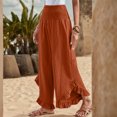 thumbnail image 4 of Linen Pants Women Summer Wide Leg Smocked Waist Ruffle Hem Palazzo Pants Boho Flowy Beach Vacation Pant with Pockets Orange 2XL, 4 of 8
