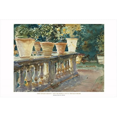 Famous Flower - Villa Di Marlia The Balustrade by John Singer Sargent 24x36 Art Print Poster Famous Painting Landscape Flower Pots on Railing
