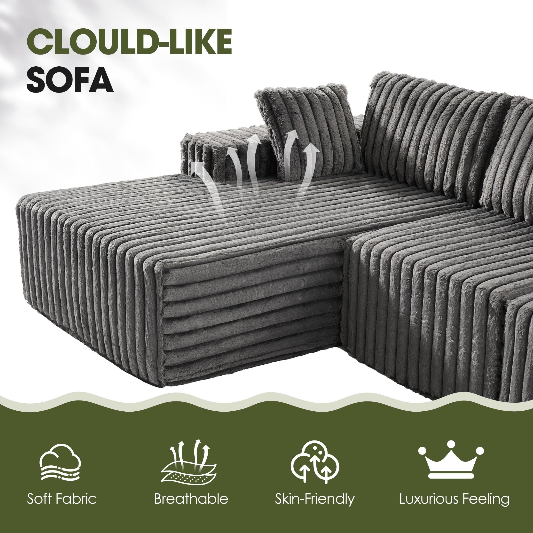 Techmilly 113” Cloud L-Shaped Sectional Couches,Modular Sofa with Deep Seat, Sponge Compression Sofas,Modern Modular L-Shape Sofa Couch with Chaise for Living Room Bedroom (Gray, Left Facing Chaise)