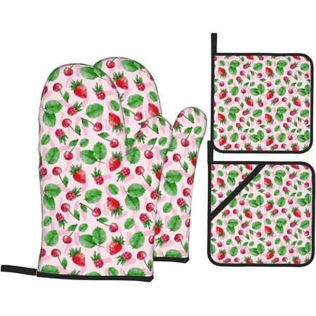 

Strawberry Oven Mitts and Pot Holders Sets of 4 Red Cherry Mittens Potholders Heat Resistan Watercolor Cherries Fruit Sweet Pot Holders Oven Gloves and Pad Gifts for Baking Cooking Grilling Accessory