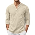 thumbnail image 4 of Awwp Men's Linen Cotton Shirt 3/4 Sleeve Stand Collar Casual Button down Shirts with Pocket Breathable Summer Shirts 8 Colors Available Vacation Beach Shirt Beige Size: L, 4 of 9