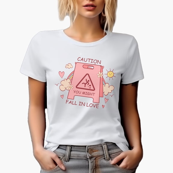 Retro Caution You Might Fall in Love, Funny Warning Sign, Valentine's Day Gift, White T-Shirt, Small