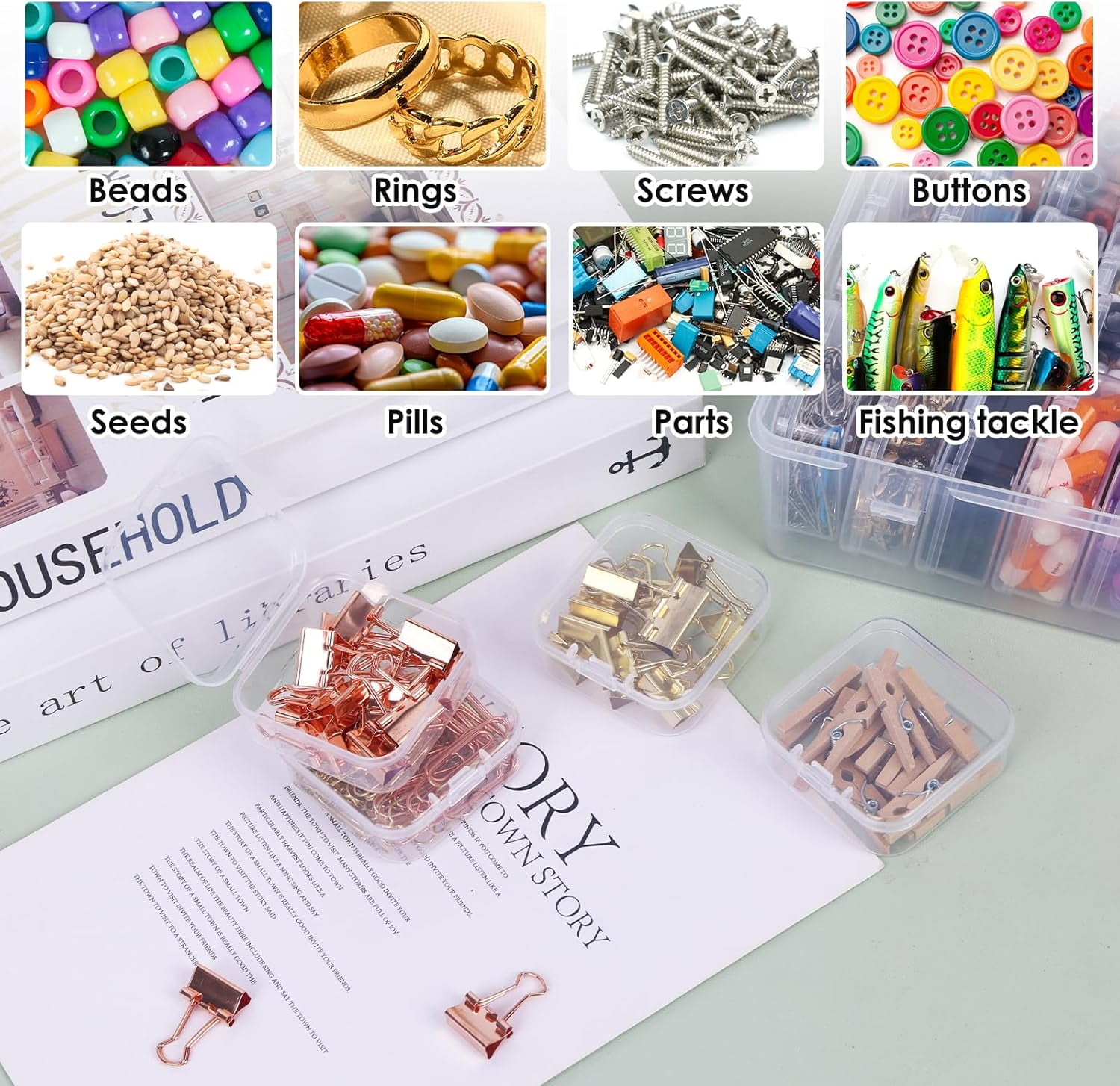 Bead Organizer Box, 108Pcs Small Clear Plastic Bead Storage, Mini Craft Storage Containers Boxes with Hinged Lid and Labels for Bracelets, Making DIY Jewelry Craft Nail, Screws, Seeds
