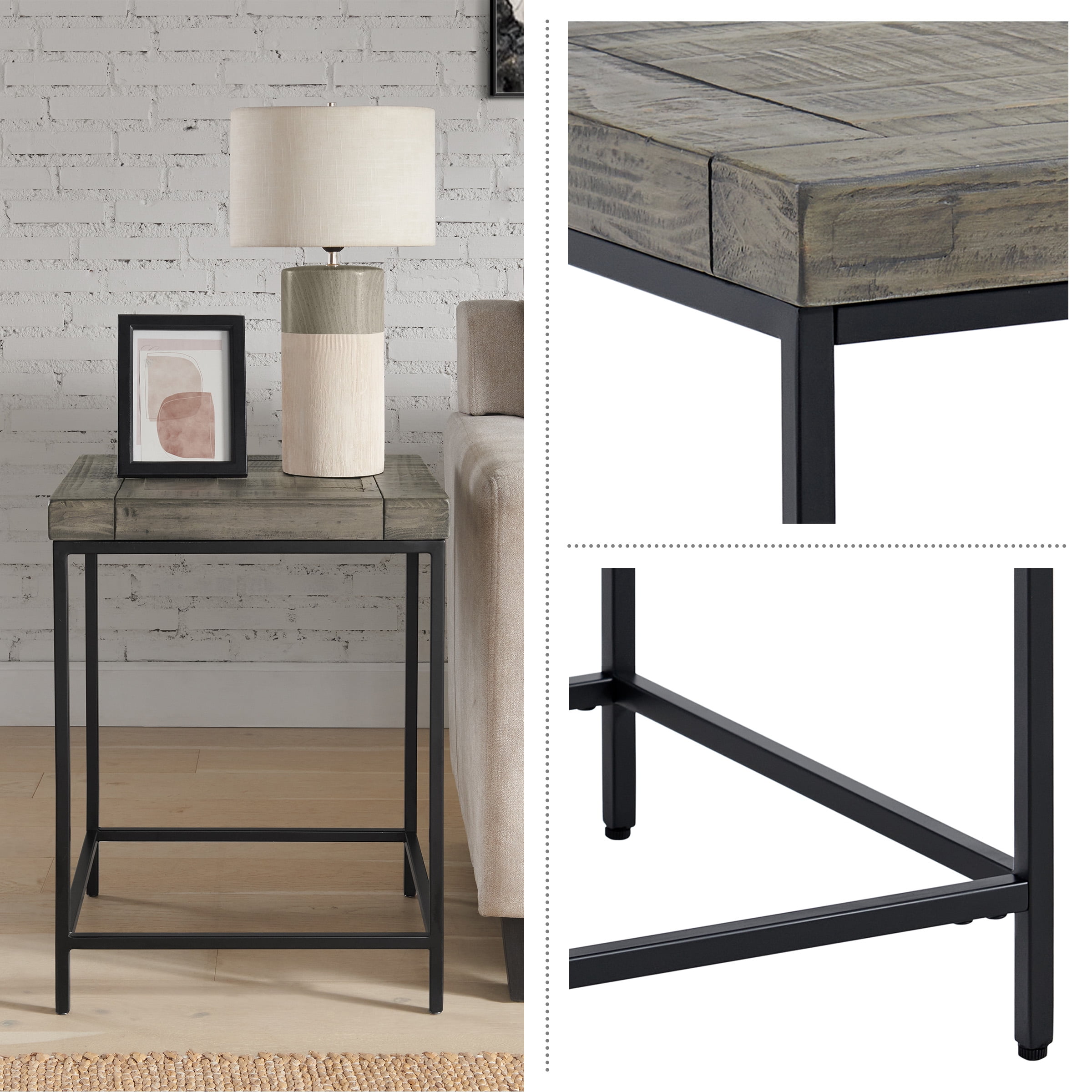 Lavish Home Industrial Modern Vintage Accent End Table with Wood Top and Metal Frame, Gray
