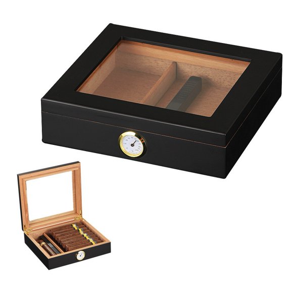Cigar Humidor, Glass Top Cigar Box, with Hygrometer Humidifier and Divider, Desktop Cedar Wood Storage Case Holds 20-35 Cigars