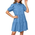 thumbnail image 2 of Dolkfu Mini Womens Summer&Fall Dresses Short Sleeve Blue Retro Collared Dresses Relaxed Fit Modern Solid Refined Shirt Dress Blue,Xxl, 2 of 5
