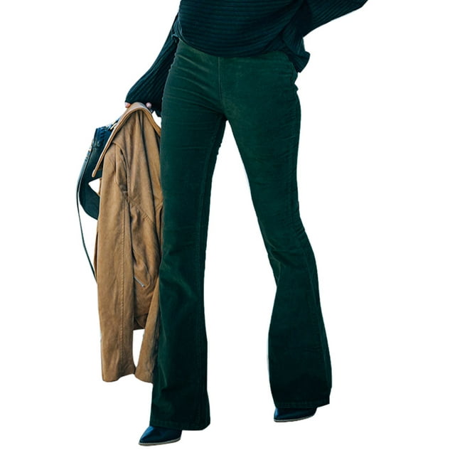 Daeful Pantalons en Velours Côtelé Palazzo Taille Haute Bas Femmes Décontracté Large Jambe Évasée Vert L