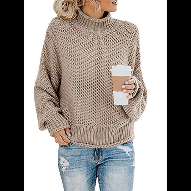 Suéter de Larga con Cuello Alto y Mangas Abullonadas para Mujer, de Color Liso, para Invierno y Otoño Caqui XL