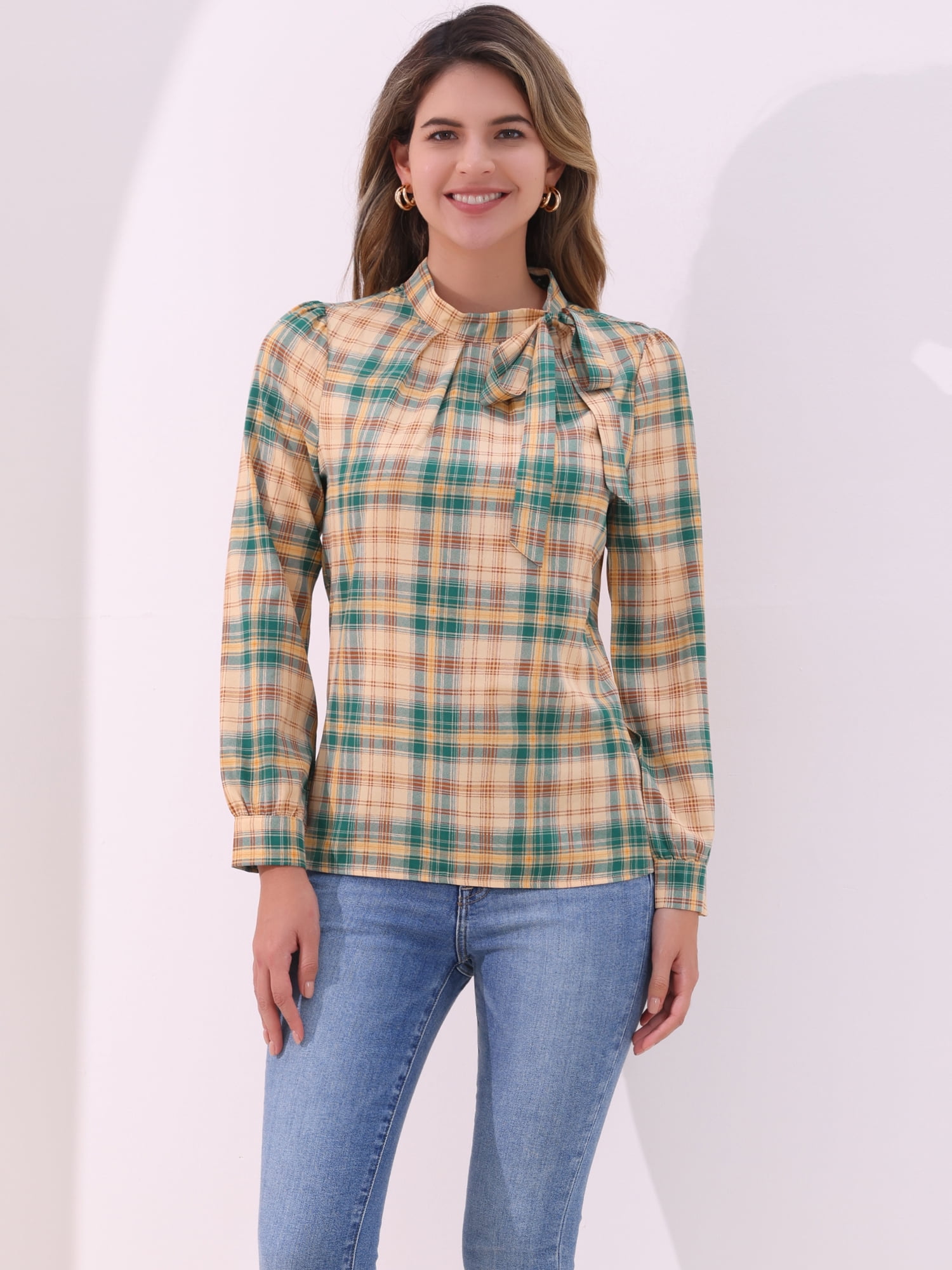 DARING DIVA Bow-Tie Neck Office Work Checks Shirt Top S khaki Brown Green