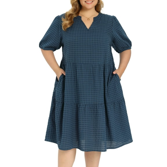 GRACE & GRANDEUR Women's Plus Size Gingham Dress Plaid Notch Neck Puff Sleeve Midi Tiered Casual Spring Summer Dresses with Pockets 1X Navy Blue
