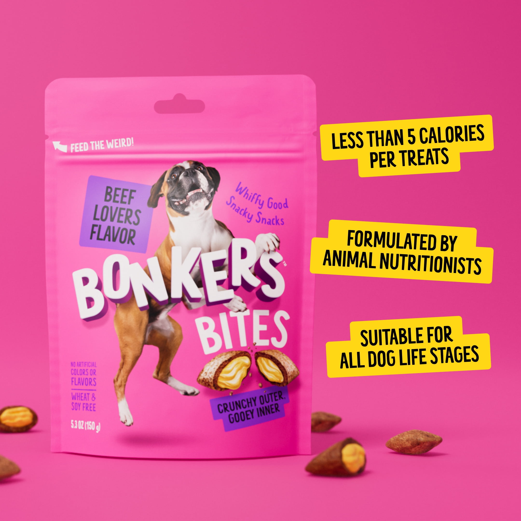 (4 pack) BONKERS Bites Beef Lovers Flavor Crunchy & Soft Treats for Dogs, 5.3oz Bag