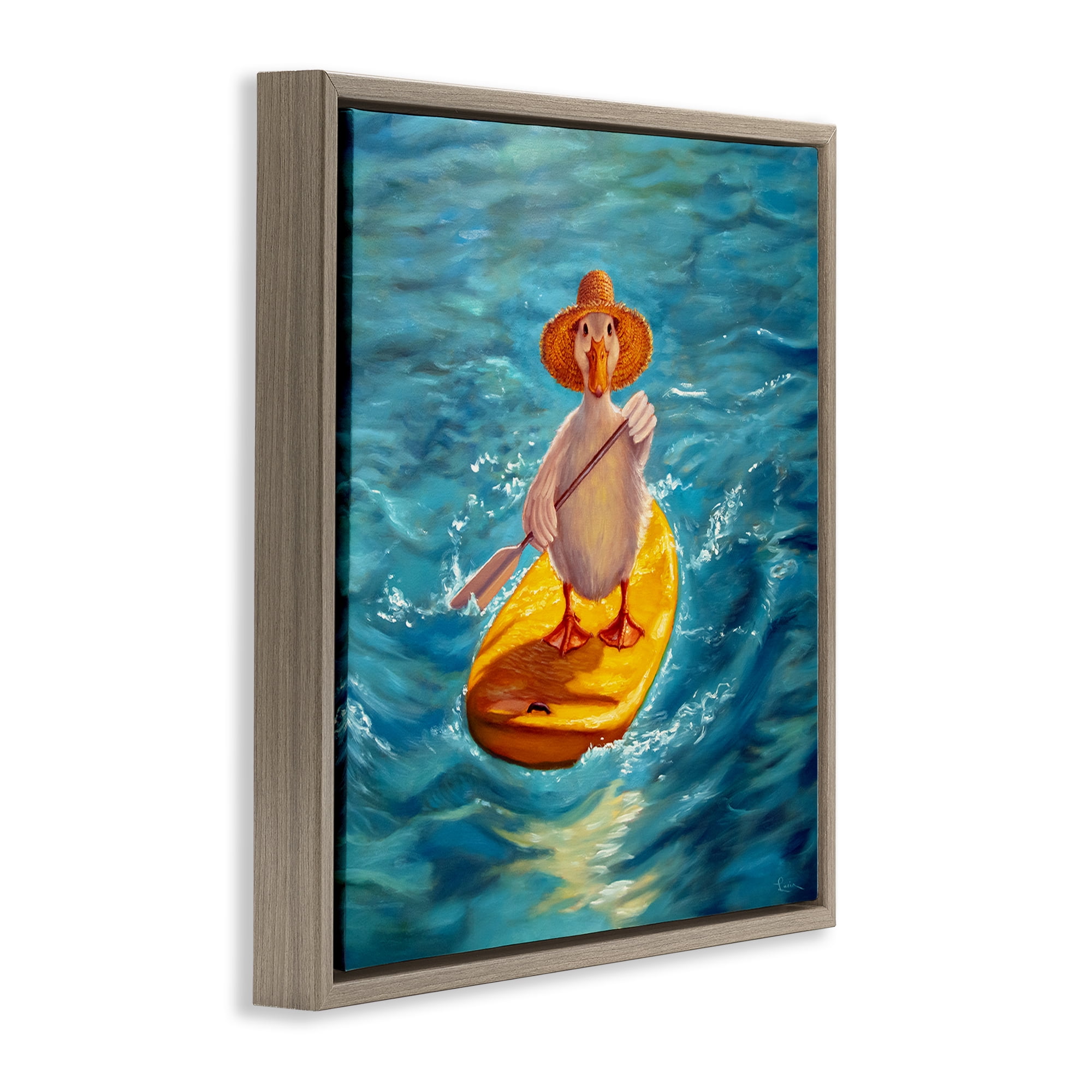 Stupell Industries The Paddler Duck with Straw Hat Brown Framed Floater Canvas Wall Art, design by Lucia Heffernan