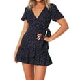 thumbnail image 4 of Femmes d'Été à Manches Courtes Imprimé Robe V Cou Robes Courtes Décontractées, Bleu Marine, XXL, 4 of 5